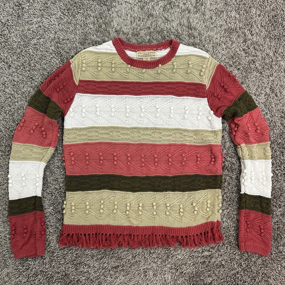 Womens M Sweater Boho Fringe Chunky Cable Knit Mockneck Coastal Cowgirl Western